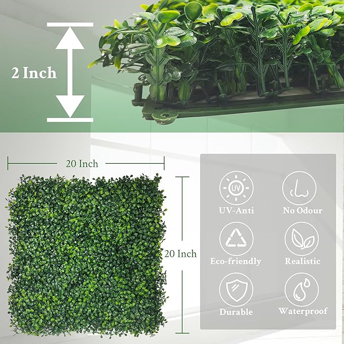Artificial Boxwood Panels,20"x 20"(24P) 4-Layer Leaf UV-Protected Grass Wall Backdrop Panels for Outdoor, Indoor, Garden&Fence Covering Privacy, Backyard and Decor