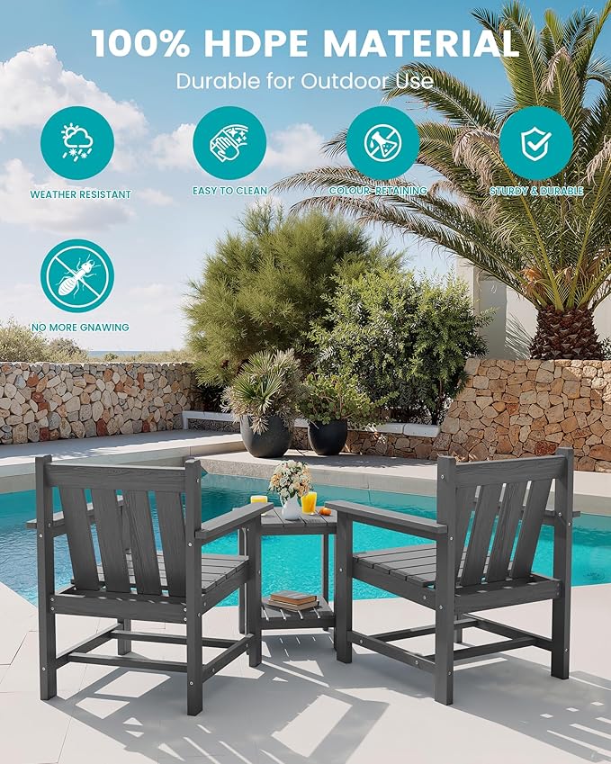 SEWRWALL 3 Pieces Patio Bistro Set, All Weather Adirondack Chair Set with Side Table, HDPE Material Outdoor Patio Furniture Set for Balcony, Porch, Garden, Backyard- Gray
