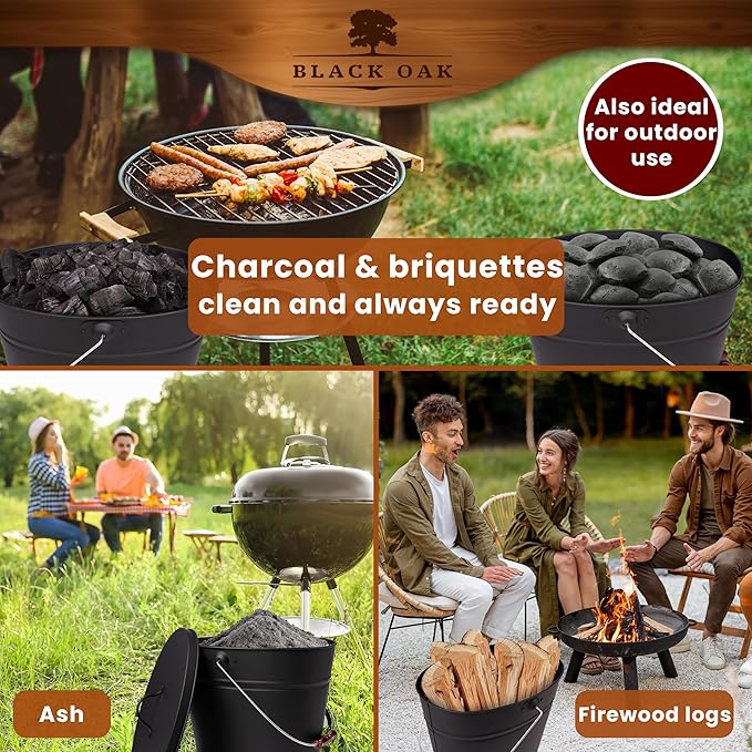 BLACK OAK Ash Bucket Vesuvio 3.7 GAL –black oval with lid & gloves –large 15L –fireproof galvanized steel & powder-coated ash & coal bucket –accessory for fireplaces, tiled stoves, wood-burning stoves