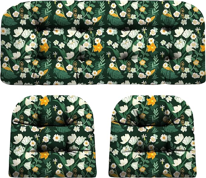 Wicker Chair Cushions, Waterproof Outdoor Loveseat Cushions for Patio Furniture, Tufted Wicker Furniture Cushions, 1 Loveseat and 2 U-Shaped Cushions (Green Floral)