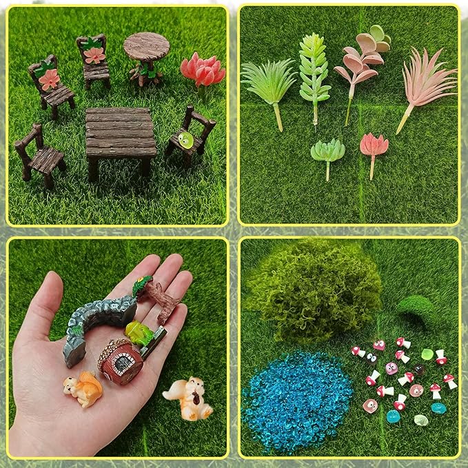 44 Pcs Fairy Garden Accessories, Miniature Table and Chairs Set, Miniature Figurines Mini Resin Animals House Bridge for Micro Landscape Potted Plant Terrarium Decor DIY Craft Gift