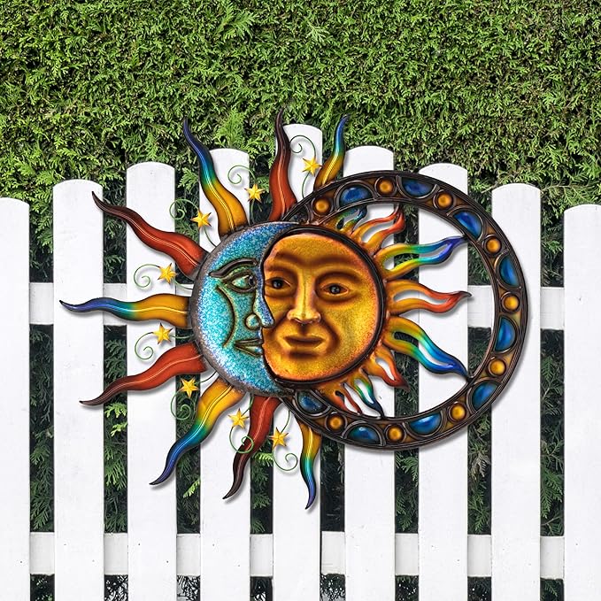 Glitzhome Sun and Moon Wall decor, Metal Stylish and Artistic Sun and Moon Yard Art with Sturdy Powder-Coated Various Color Decorative Garden Sign for Outdoor and Indoor