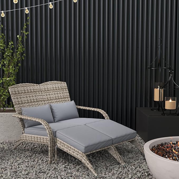 Outsunny Wicker Adirondack Chair for 2 with Cushions & Footrests, PE Rattan Double Chaise Lounge Chair, Fire Pit Chair for Porch with Wide Armrests, High-Back, Gray