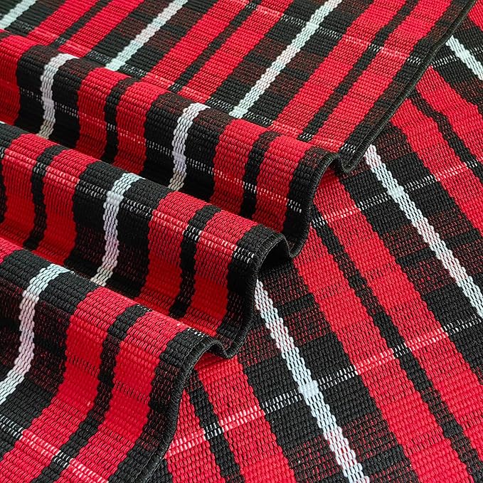Christmas Plaid Outdoor Rug, 2' x 4'3'' Red & Black Check Indoor/Outdoor Area Rug, Layering Rug for Hello/Welcome Door Mat, Machine Washable Cotton Woven Farmhouse Mat for Front Porch Décor