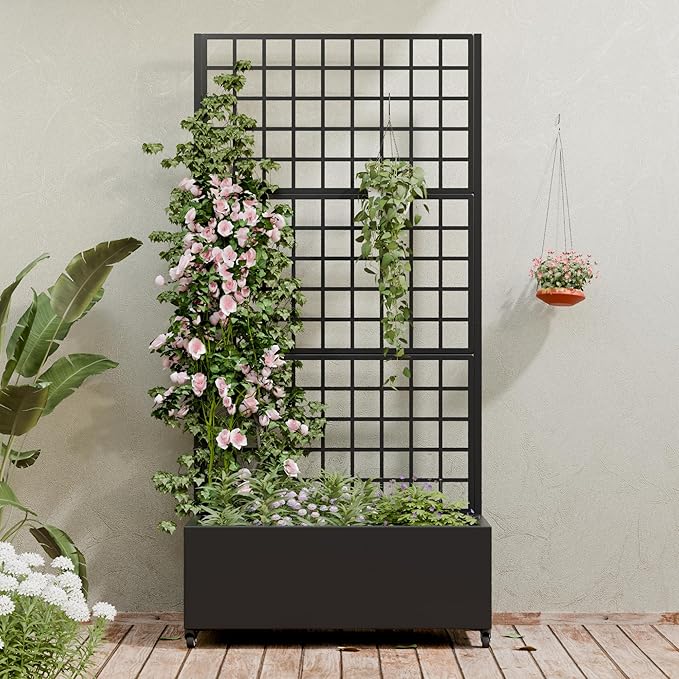 Casaphoria Metal Raised Garden Bed with Trellis and Wheels, 72"x35"x16" Planter Box for Climbing Plants, Vegetables & Vines, Features Drainage Holes and Privacy Screen (Black-Grid)