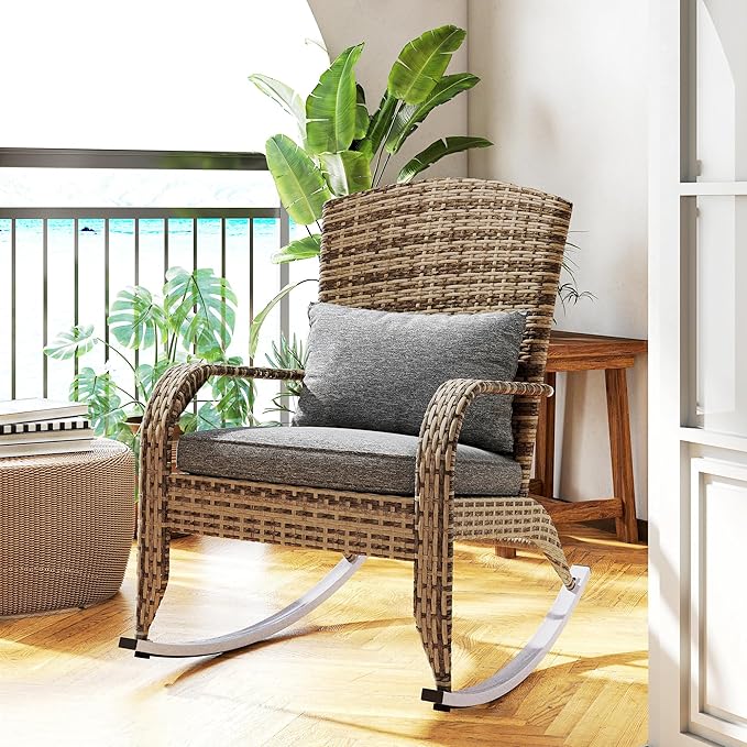 Outsunny Outdoor Wicker Adirondack Rocking Chair, Patio Rattan Rocker Chair with High Back, Seat Cushion, and Pillow for Garden, Porch, Balcony, Gray