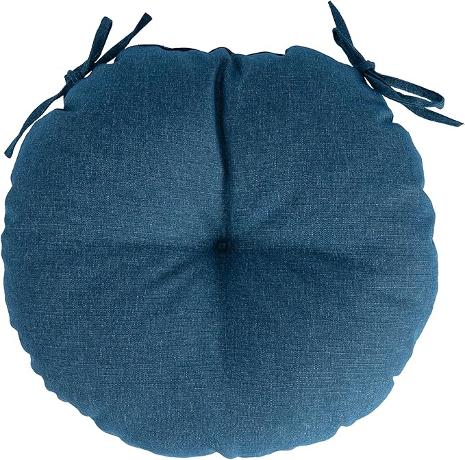 Magpie Fabrics Outdoor 15"x15"x4" Round Bistro Seat Cushions with Ties Set of 2, Tufted Waterproof Patio Floor Chair Pads for Home Garden Balcony Kitchen Office Porch, Dark Blue