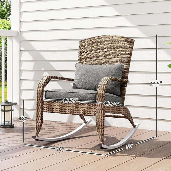 Outsunny Outdoor Wicker Adirondack Rocking Chair, Patio Rattan Rocker Chair with High Back, Seat Cushion, and Pillow for Garden, Porch, Balcony, Gray