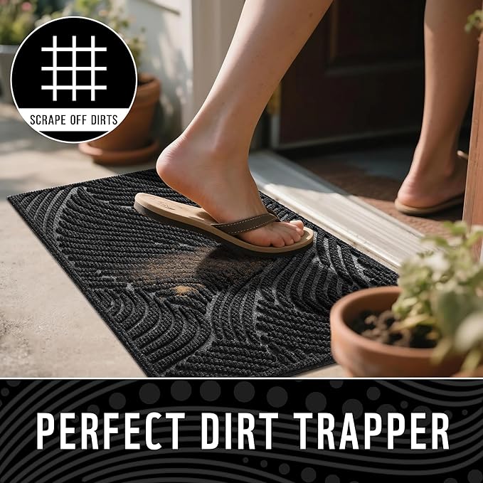 Yimobra Doormat Indoor Outdoor Entrance, Simple Stripes, All-Weather Waterproof & Non-Slip Mat for Front Door, Heavy Duty Polyester Welcome Mat for Garage, Patio-47x32，Black