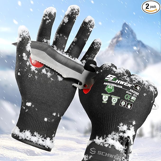 FreezeGuard Winter Work Gloves for Men and Women, ANSI A6 Cut Resistant Gloves With Super Grip, Freezer Glove for Work, Touchscreen, Thermal Insulated, Non PFAS, PR3388, Black Knight (L, 2 Pairs)