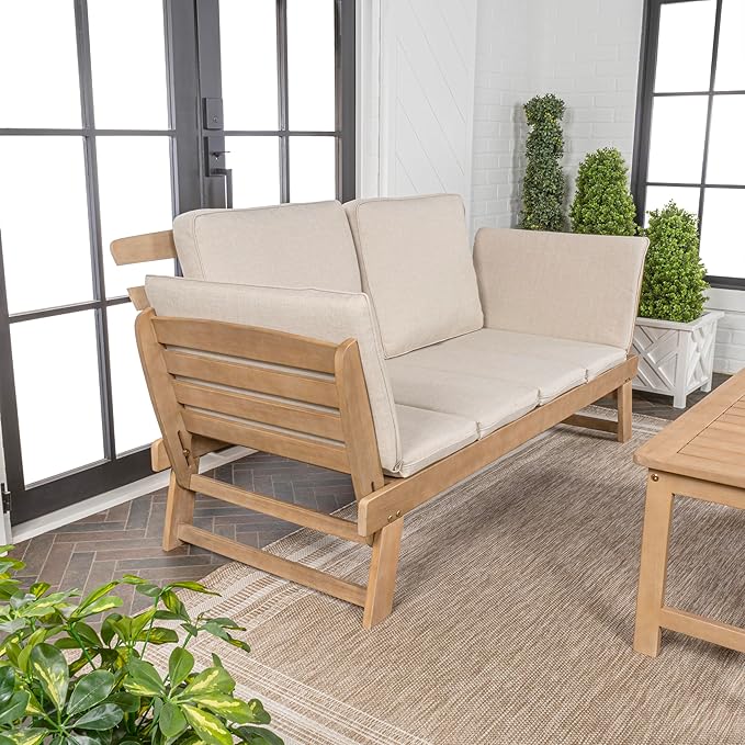 JONATHAN Y SFB1000A Hartley 2-Seat Modern Scandinavian Folding Wood Outdoor Day Bed Sofa Mid-Century, Classic, Transitional, Industrial for Backyard, Patio, Porch, Beige/Light Teak