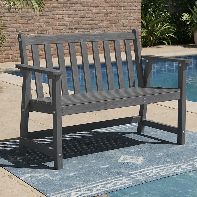 Ciokea 48" Outdoor Bench, HDPE Weatherproof Porch Bench, 2-Person Garden Benches with 550 Lbs, Waterproof Patio Benches for Outside Balcony Deck Backyard, Dark Grey