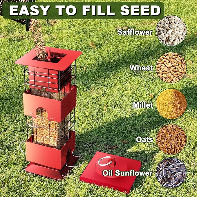 Squirrel Proof Bird Feeder,3Lbs Bird Feeders for Outdoors Hanging, Metal Birds Feeder with 4 Feeding Ports, Wild Birds Feeder for Cardinal, Finch, Sparrow (Red)