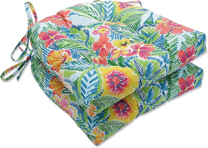 Pillow Perfect Bright Floral Indoor/Outdoor Chairpad with Ties, Reversible, Tufted, Weather, and Fade Resistant, 15.5" x 16", Multicolored Pensacola, 2 Count