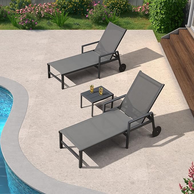 PURPLE LEAF 2 Pieces Outdoor Chaise Lounge Aluminum Patio Lounge Chair with Wheels and Armrests Outdoor Lounge Recliner Chair for Pool Backyard Beach Grey