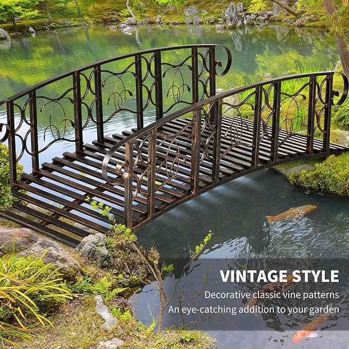 Outsunny 6' Metal Arch Backyard Garden Bridge with 660 lbs. Weight Capacity, Safety Siderails, Vine Motifs, Easy Assembly for Backyard Creek, Stream, Pond, Brown
