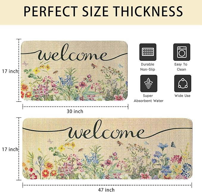 Spring Floral Decor Welcome Door Mat 2 Piece, Hello Summer Flower Home Decoration Non-Slip Indoor Outdoor Front Doormats Rug 17"x47"+17"x30"