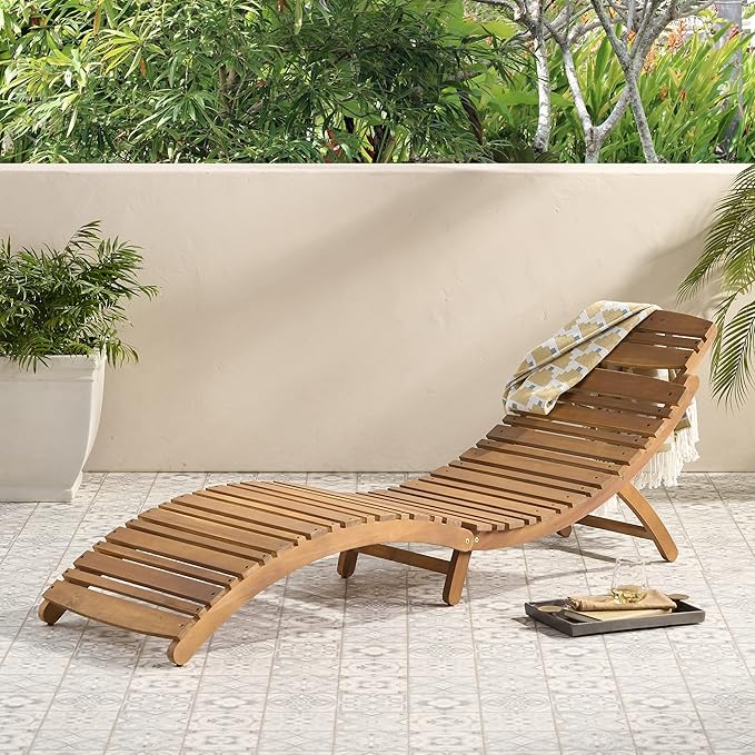 Christopher Knight Home Viola Outdoor Chaise Lounge Chair, Patio Acacia Wood Chaise Lounge Outdoor, Foldable Single Lounge Sofa, Poolside Beach Yard Seating, Curved and Slatted Design, Brown