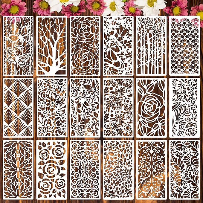 CeeVian Texture Stencils 18 Pieces Reusable Texture Stencil Mixed Stencils for Painting Flower Leaf Floral Templates for Painting on Wood Furniture Christmas Gifts Canvas Paper Scrapbook Furniture DIY
