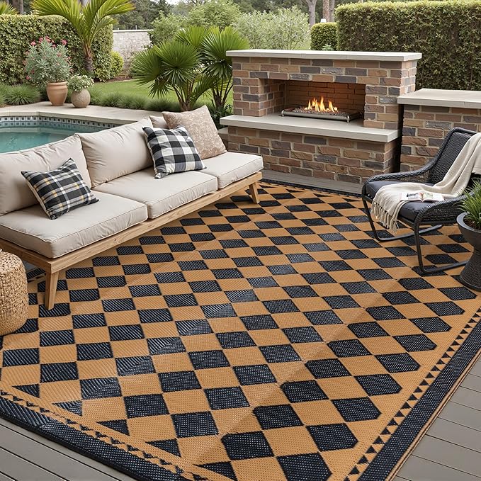 HUGEAR Outdoor Waterproof Rug 6'x9' Plastic Straw Rugs Washable Reversible Floor Mat Brown Plaid Carpet for Camping RV Deck Entryance Porch Picnic Balcony Beach Backyard