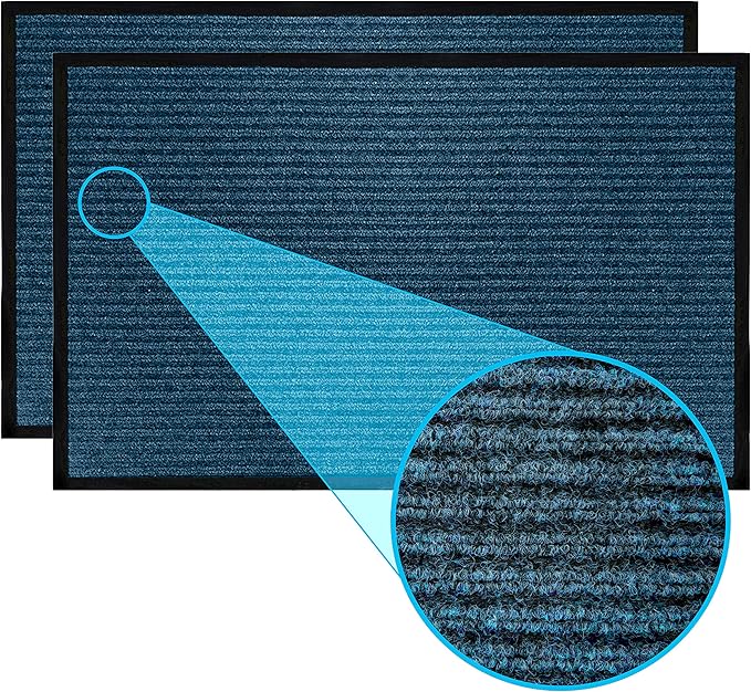 LuxUrux Premium Striped Blue Door Mat Set - 2-Pack, All-Weather, Easy-Clean, Waterproof, Low-Profile (24'' x 16'') - Stylish & Durable Mats for Entryways, Patios, Garages