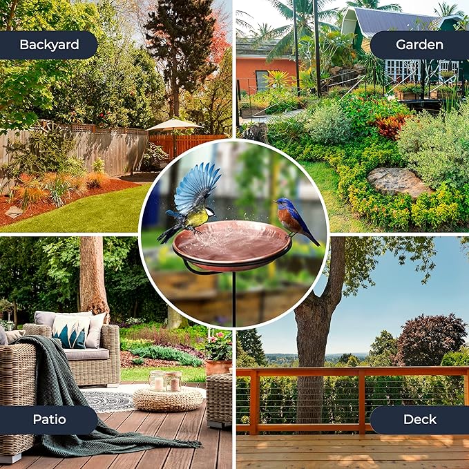 Monarch Abode Standing Bird Bath & Bird Feeder for Outdoors – Pure Copper Hand Hammered Birds Bath Bowl w/ 34-inch Detachable Iron Stand, Wild Birdfeeder and Birdbath for Outside Garden Backyard