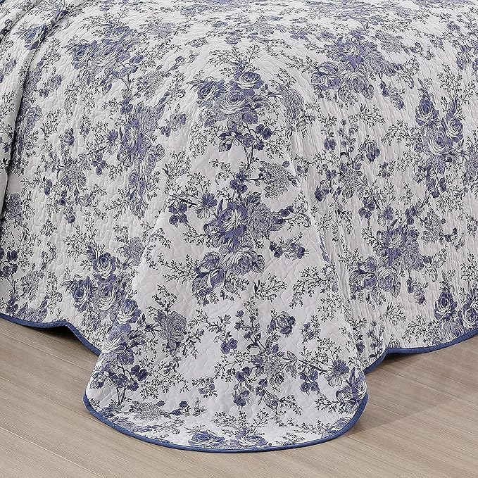 Wonderful 100% Cotton Blue Floral Bedspread Set Full Size, Quilt Bedding Sets with Pillow Shams, 3 Pieces Botanical Coverlet Set, Quilted Blanket Bed Cover for All Season, 96"x110"