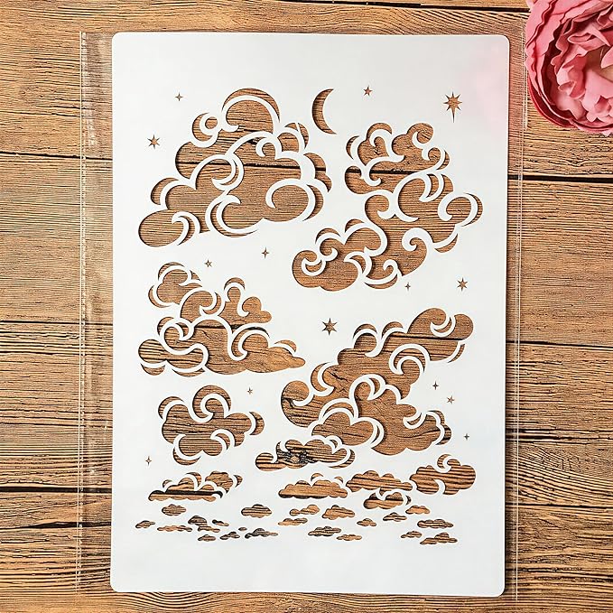 TIAMECH A4 Reusable Cloud Stencil for Painting - Star Moon on Sky Layering Template, DIY Wall Art, Wood Furniture, Scrapbook & Crafts (8.3x11.7inch)