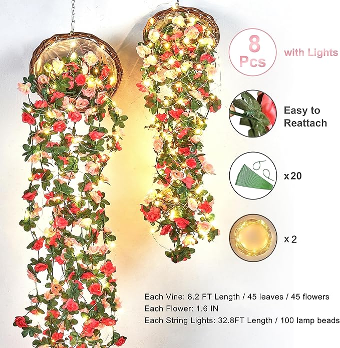BLEUM CADE 8Pcs 66Ft Flower Garland Artificial Rose Vines with 66Ft String Lights, Cute Fake Hanging Flower Vines Floral Garland Decorations for Wedding Party Wall Room Decor Aesthetic