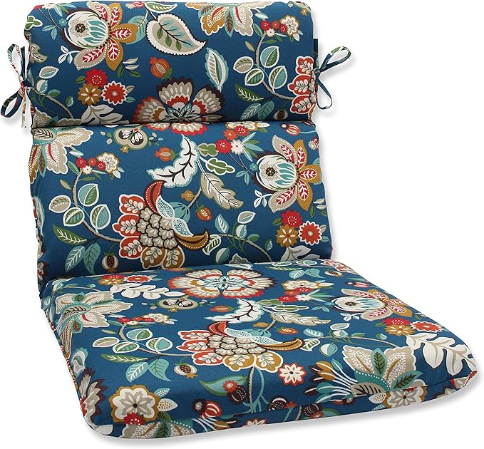 Pillow Perfect Bright Floral Indoor/Outdoor 1 Piece Split Back Chair Cushion Set With Ties, 1 Count, 40.5" x 21", Blue/Tan Telfair Peacock