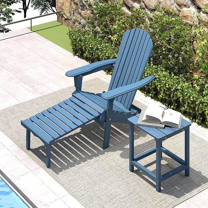 Set of 2 Outdoor Wooden Folding Adirondack Chair with Retractable Ottoman, Wood Patio Chair with Footrest for Garden Backyard Porch Pool Deck Firepit