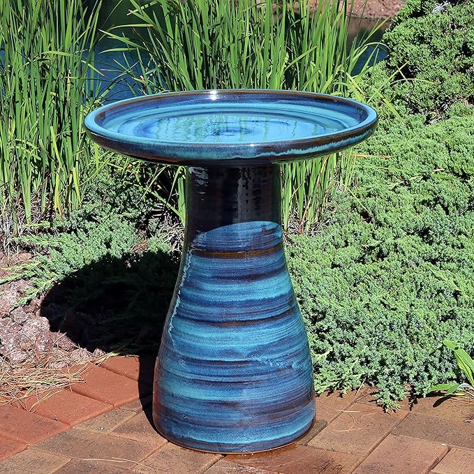 Sunnydaze 21" H Ceramic Bird Bath for Outside - Hand-Painted Outdoor Bird Bath Bowl, UV/Frost-Resistant Finish - Galaxy Blue