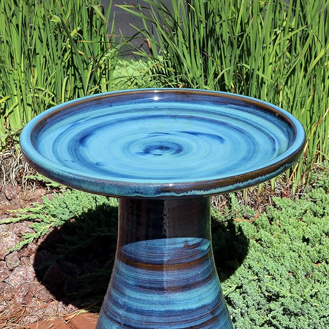 Sunnydaze 21" H Ceramic Bird Bath for Outside - Hand-Painted Outdoor Bird Bath Bowl, UV/Frost-Resistant Finish - Galaxy Blue