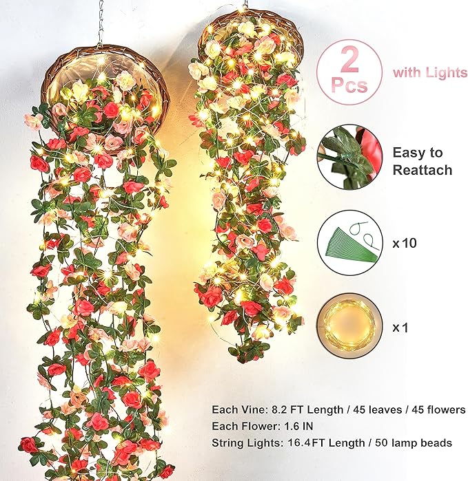 BLEUM CADE 2Pcs 16.4Ft Flower Garland Artificial Rose Vines with 16.4Ft String Lights, Cute Fake Hanging Flower Vines Floral Garland Decorations for Wedding Party Wall Room Decor Aesthetic