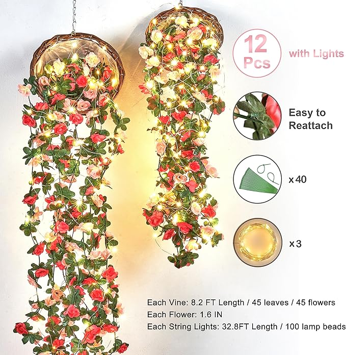 BLEUM CADE 12Pcs 98.4Ft Flower Garland Artificial Rose Vines with 98.4Ft String Lights, Cute Fake Hanging Flower Vines Floral Garland Decorations for Wedding Party Wall Room Decor Aesthetic