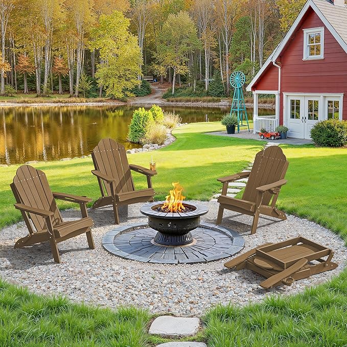 LUE BONA Folding Adirondack Chair, Chairs Set of 4, Cup Holder, Woodgrain, Fire Pit, Patio, Pool, Brown