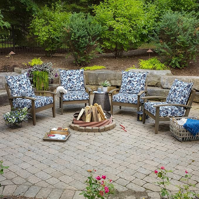 Arden Outdoor Foam Deep Seat Cushion Set, 24 in x 24 in, Weather-Proof, Rain-Proof, Fade Resistant Patio Cushion, Bottom and Back Cushion for Chair, Sofa, and Couch Blue Garden Floral