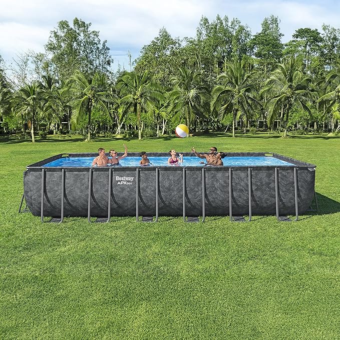 Bestway APX 365 24' x 12' x 52" Above Ground Pool, Rectangular Metal Frame Outdoor Swimming Pool Set with Sand Filter Pump, Ladder, and Cover, Dark Marble