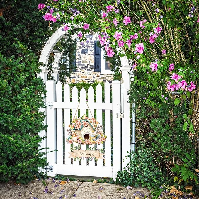 Decorative Spring Door Hangers Welcome Sign Blooming Flowers Birdhouse Wall Tags Plaque for Farmhouse Porch Front Yard Ornament Ironwork