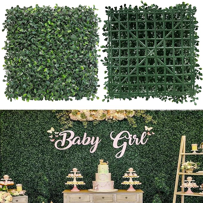 Grass Wall Panels, 10"x 10"(24pcs) 4-Layer Artificial Boxwood Faux Green Wall for Interior, Garden Party Wedding Backdrop, Indoor Outdoor Plant Wall Decor