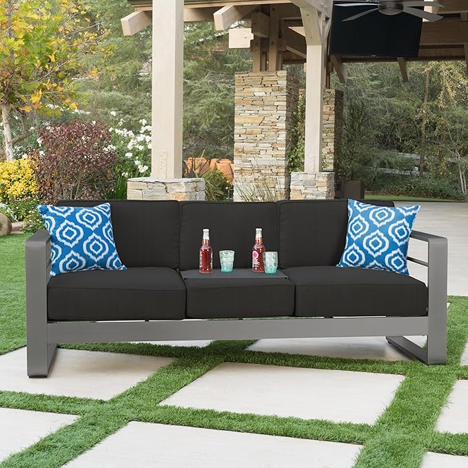 Christopher Knight Home Capecora 3-Seater Sofa with Removable Tray Table, 76.25''W Convertible Aluminum Patio Couch with Cushions, Space-Saving Outdoor Seating for Garden Backyard Balcony, Dark Gray