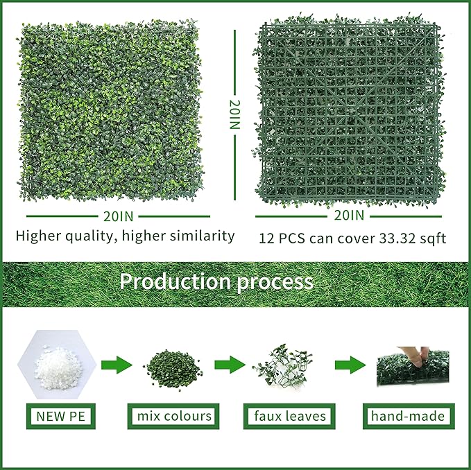 Grass Wall Panels Backdrop, 20"x 20"(12Pcs) Faux Boxwood Panels for Outdoor Indoor Green Wall Decor, Party Wedding Garden Fence Decorations