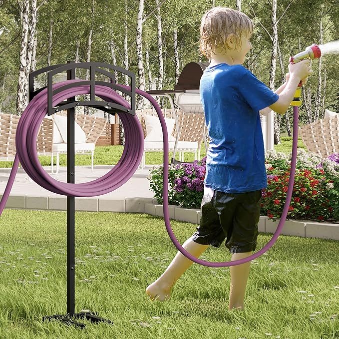Kingson Heavy-Duty Metal Garden Hose Holder - Detachable & Freestanding Hose Stand with 4 Anchor Points, Black (Outdoor Use)