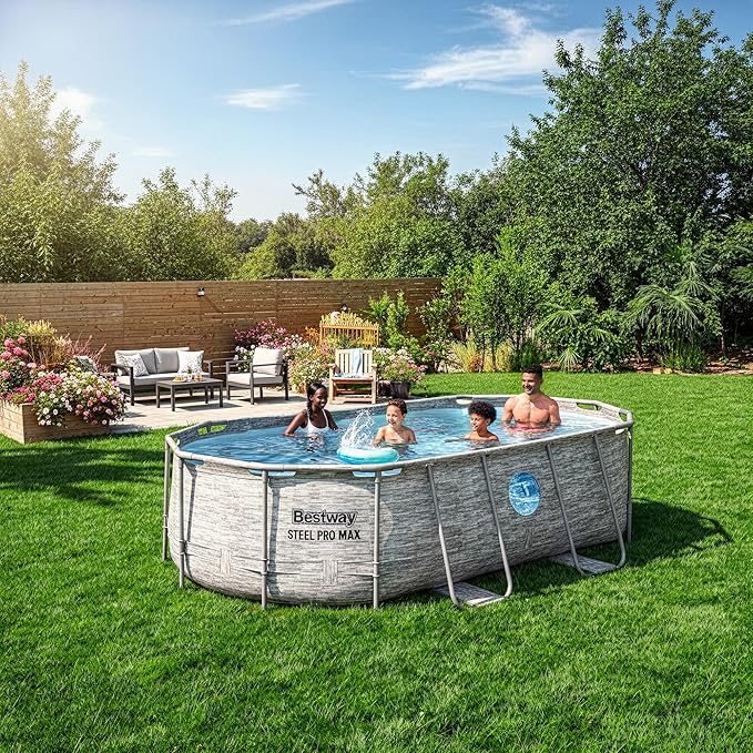 Bestway Power Steel Swim Vista 14’ x 8'2" x 39.5” Above Ground Pool, Oval Metal Frame Outdoor Swimming Pool Set with Filter Pump, Ladder, and Cover