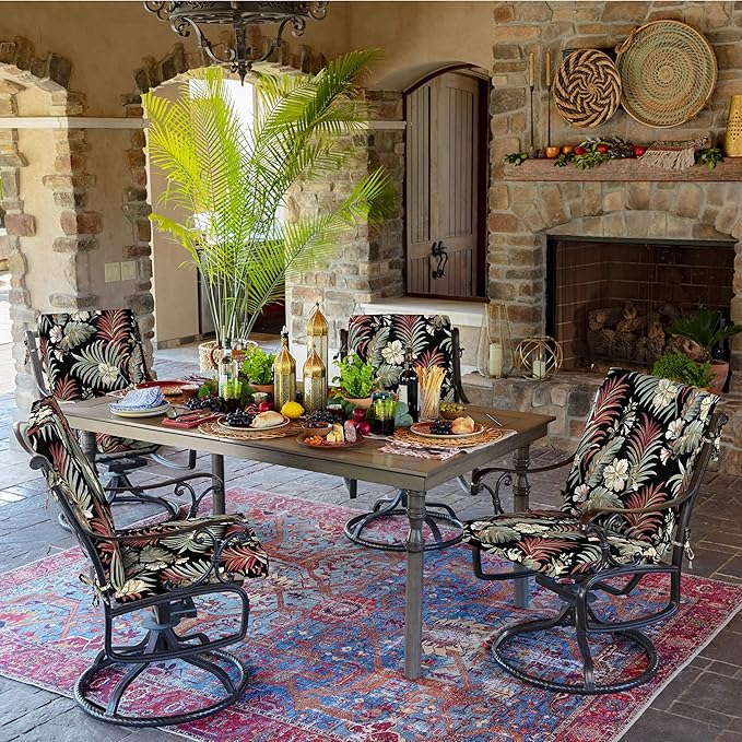 Arden Outdoor Patio Dining Chair Cushion, 20x44, Rain-Proof Seat Pad, Fade-Resistant Outdoor Cushion Simone Black Tropical