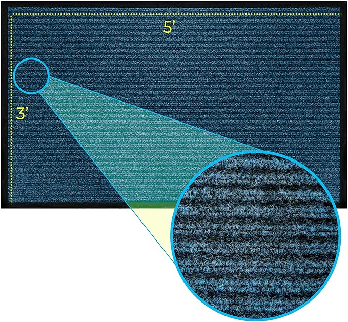 LuxUrux Durable Rubber Door Mat - Heavy-Duty Doormat for Indoor/Outdoor Use - Easy to Clean, Waterproof, Low-Profile Entry Mat - Ideal for Entry, Patio, Garage - Striped Blue Design (3 x 5 Feet)