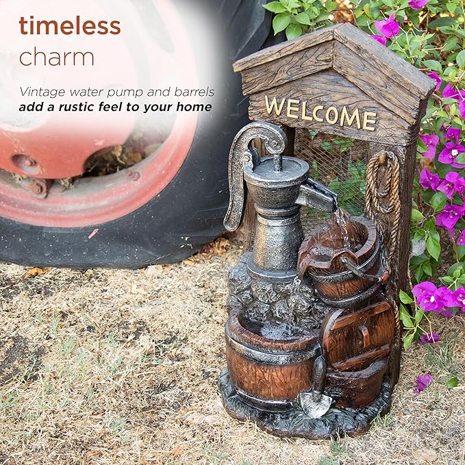 Alpine Corporation ZEN576S Outdoor Rustic Design Water Pump and Barrel Floor Fountain - Welcome Sign, 24 Inch Tall, Brown