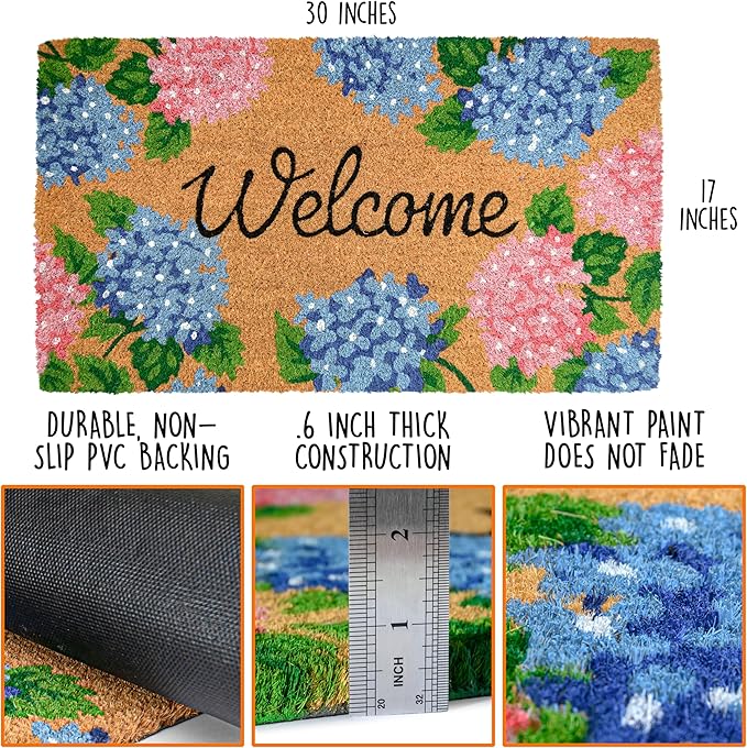 MAINEVENT Hydrangea Door Mat 30x17 Inch, Vibrant Hydrangea Doormat Outdoor, Hydrangeas Outdoor Mat for Spring, Floral Doormat for Summer, Welcome Mat Floral, Coir Spring Door Mat