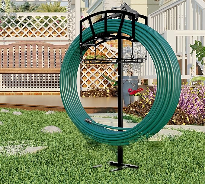 Fire Beauty Garden Hose Holder,Freestanding Water Hose Holder with Storage Basket,In ground Hose Rack Organizer for Outdoor,Detachable Hose Holder Stake,Hose Reel Stand Rack for Outside Lawn Yard