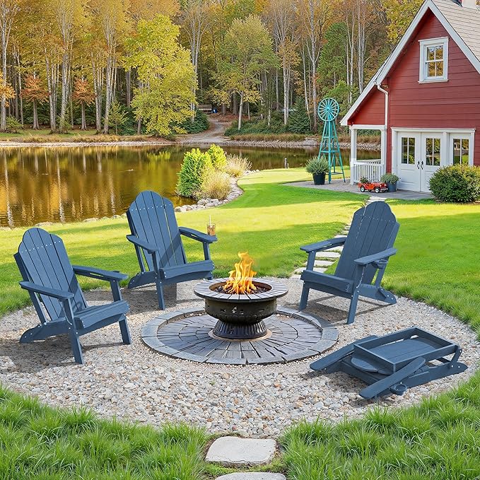 LUE BONA Folding Adirondack Chair, Chairs Set of 6, Cup Holder, Woodgrain, Fire Pit, Patio, Pool, Blue